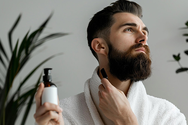 Man caring for his beard with various grooming products