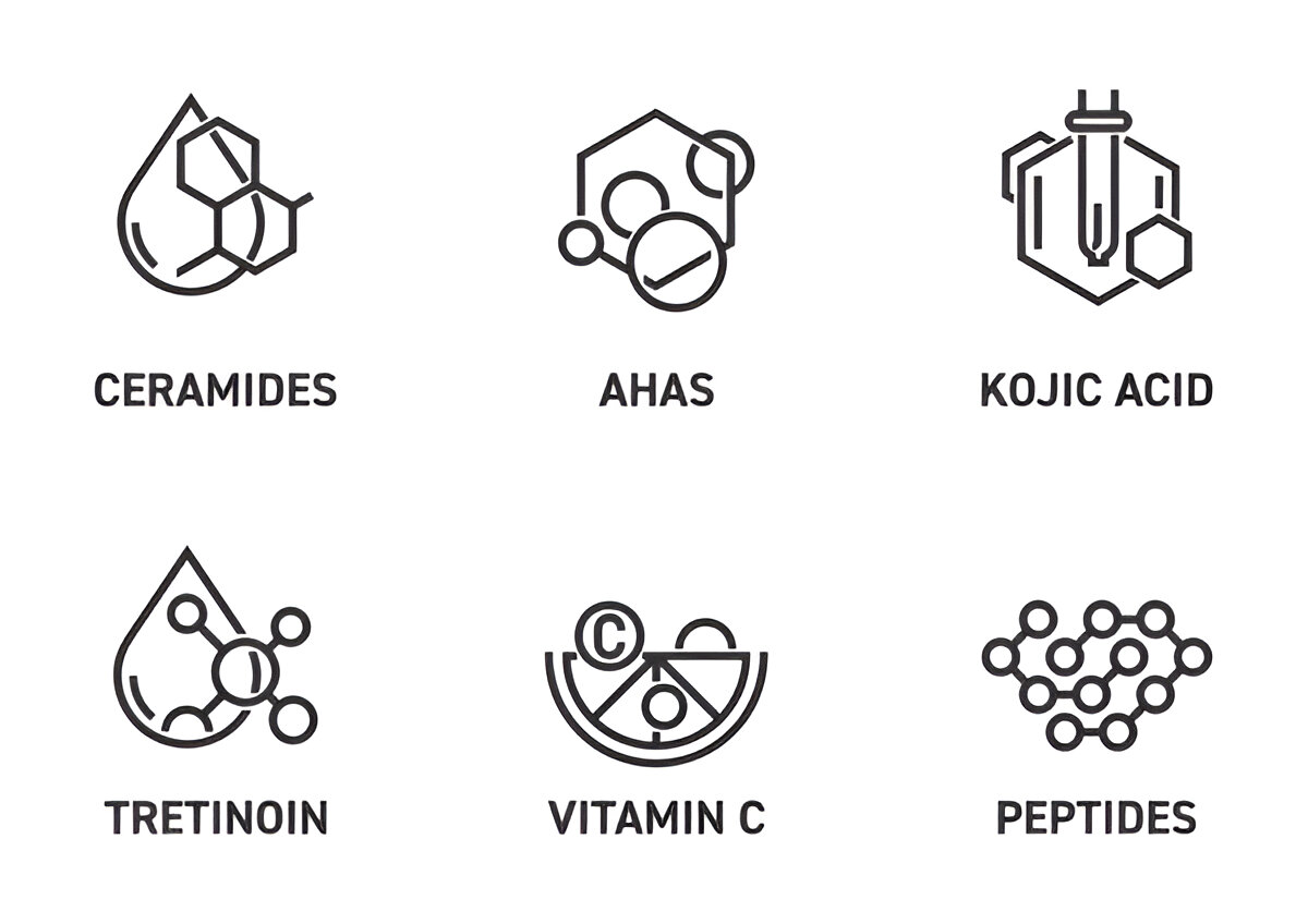 Illustrated icons of ceramides, AHAs, peptides, and vitamins
