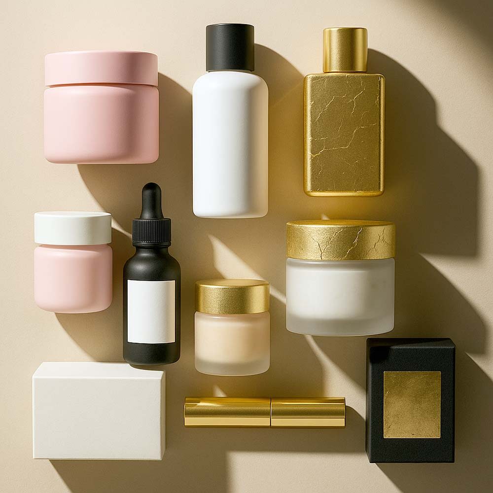 Collage of pastel jars, monochrome bottles, and gold foil luxury cosmetic packaging, showing how colour and style affect beauty product perception