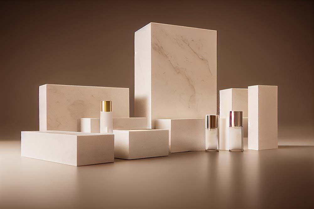 Minimalist white cosmetic packaging boxes and bottles displayed on marble podium, showcasing luxury beauty product packaging design."