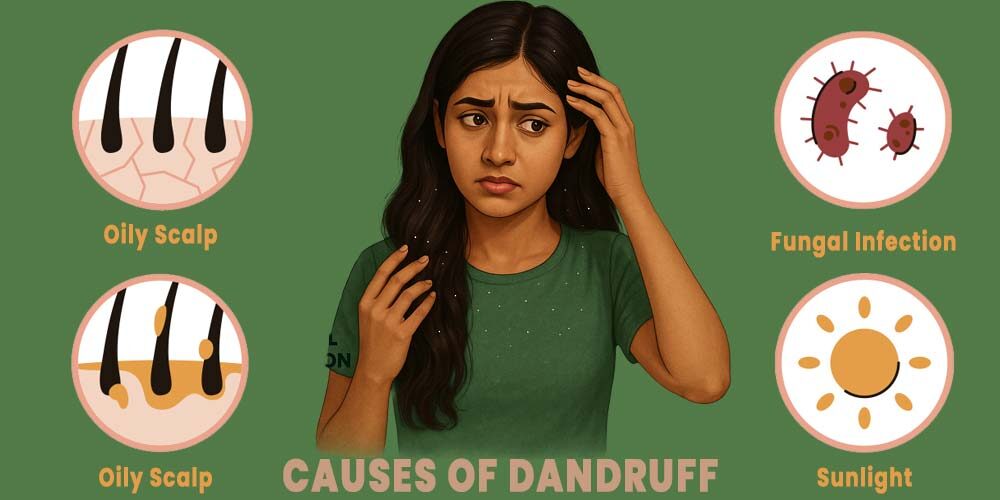 Indian girl worried with visible dandruff causes illustrated