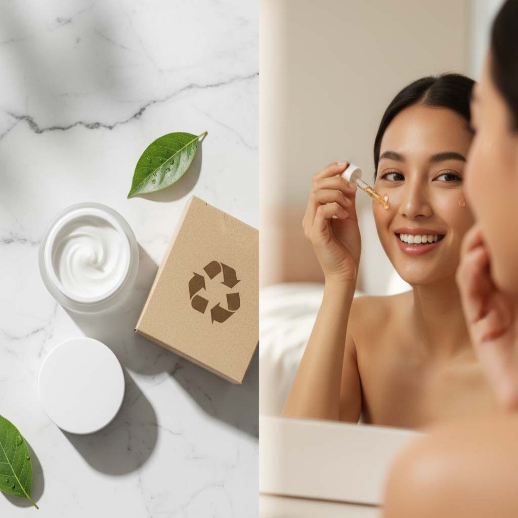 Eco-friendly skincare packaging with refillable jar and recyclable box alongside consumer applying serum – Beaucience lab-to-heart purpose-driven skincare