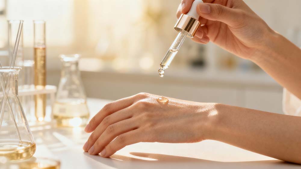 Infographic showing Vitamin B3 benefits for skin including hydration, tone correction, and collagen repair.