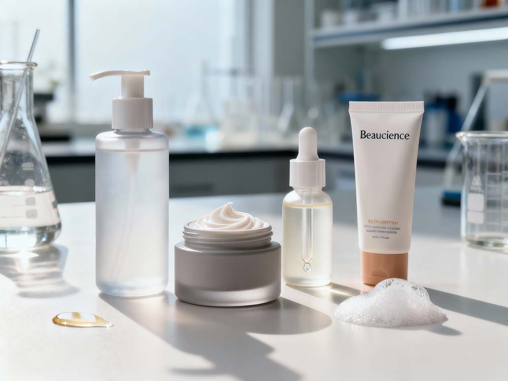 Beaucience laboratory skincare products with clean scientific textures