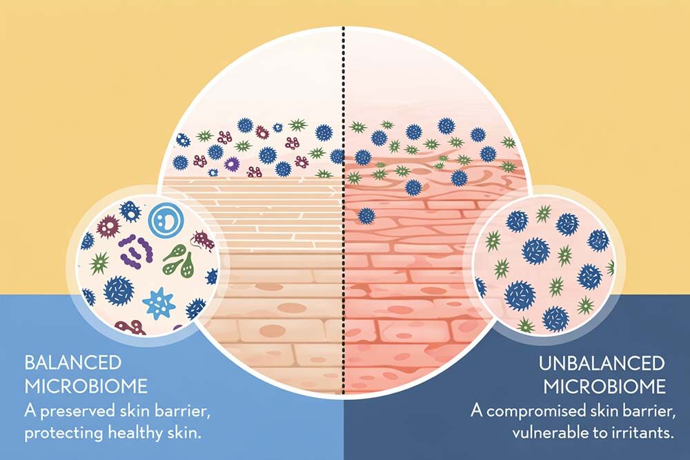 Balanced vs unbalanced skin microbiome showing preserved and compromised skin barrier in microbiome safe formulation