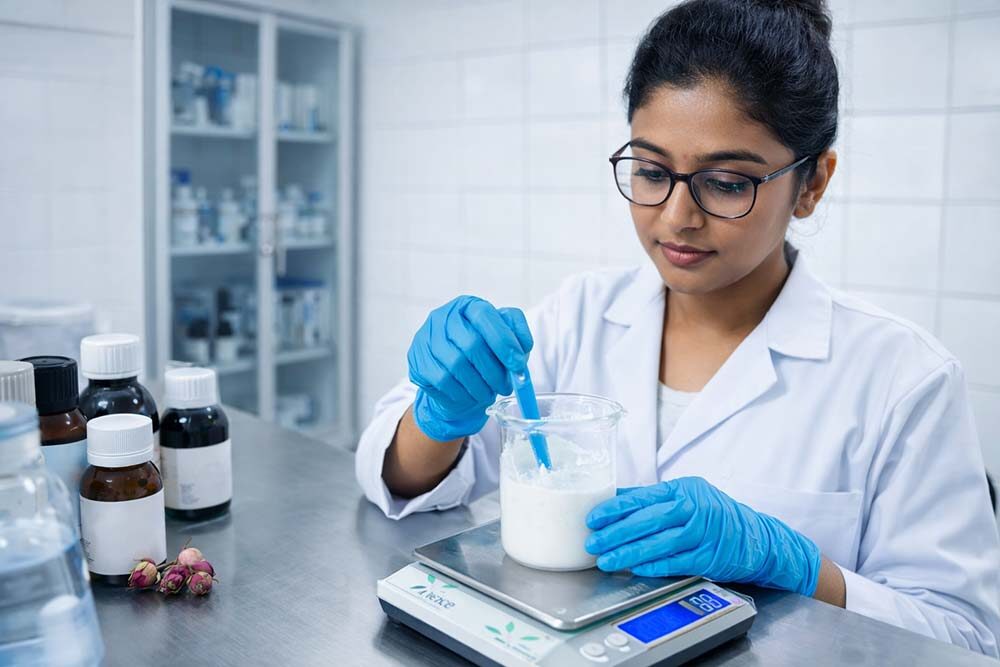 Indian female formulator developing microbiome-safe formulation under controlled skincare manufacturing conditions.