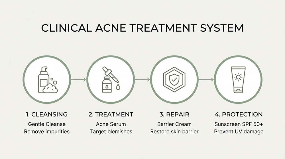 Acne treatment systems work through structured steps that balance cleansing, treatment, repair, and protection for consistent results.