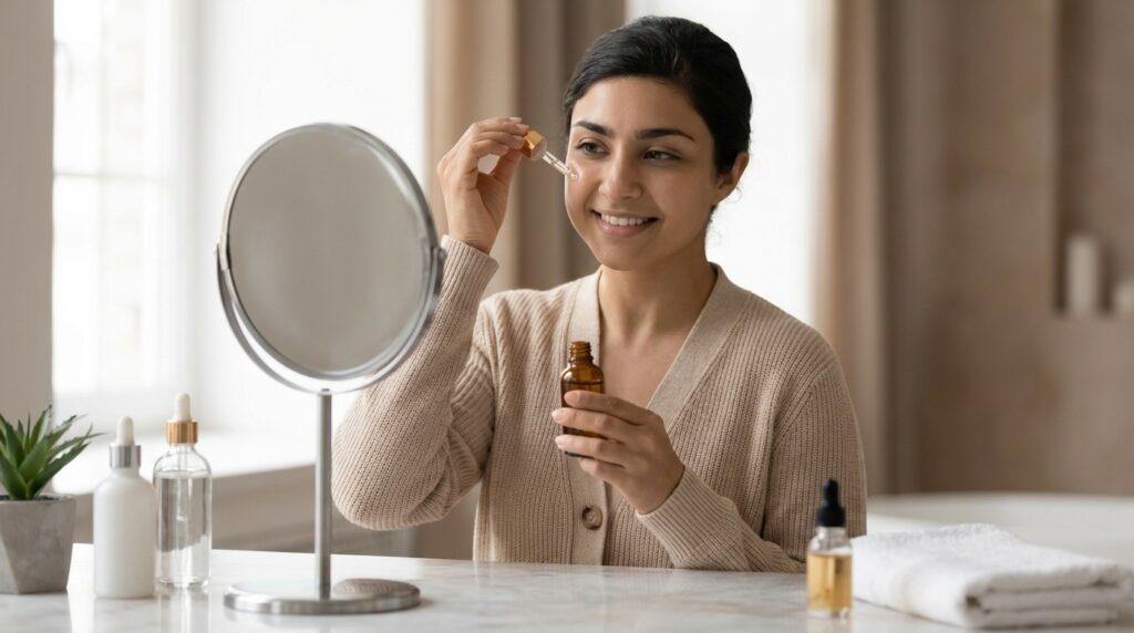 woman applying serum for daily skin barrier repair routine