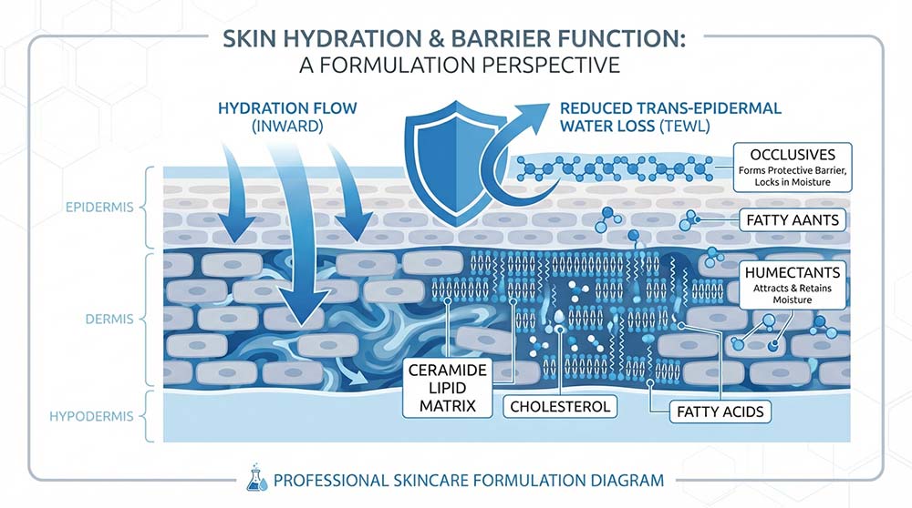 skin barrier diagram showing ceramide lipid matrix hydration structure