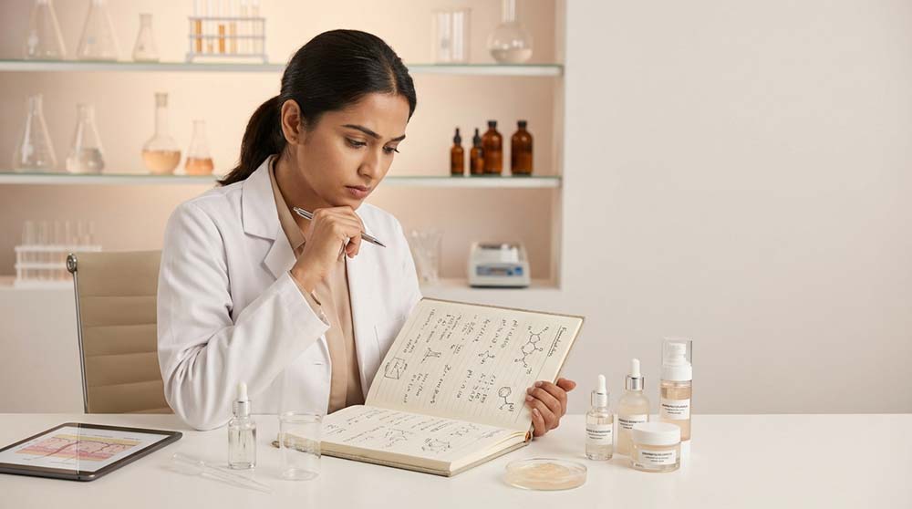 skincare scientist developing barrier repair formulations in laboratory environment