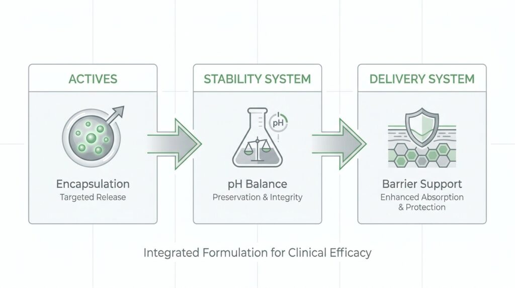 Infographic showing actives stability and delivery in skincare formulation systems