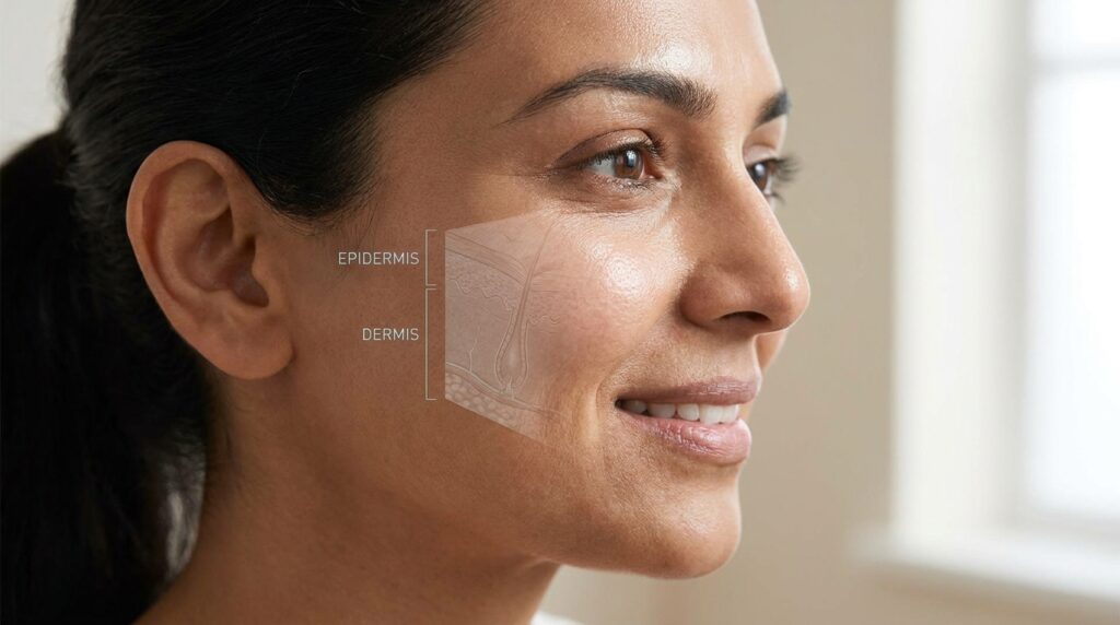 Close-up face showing natural skin with subtle layer depth visualization