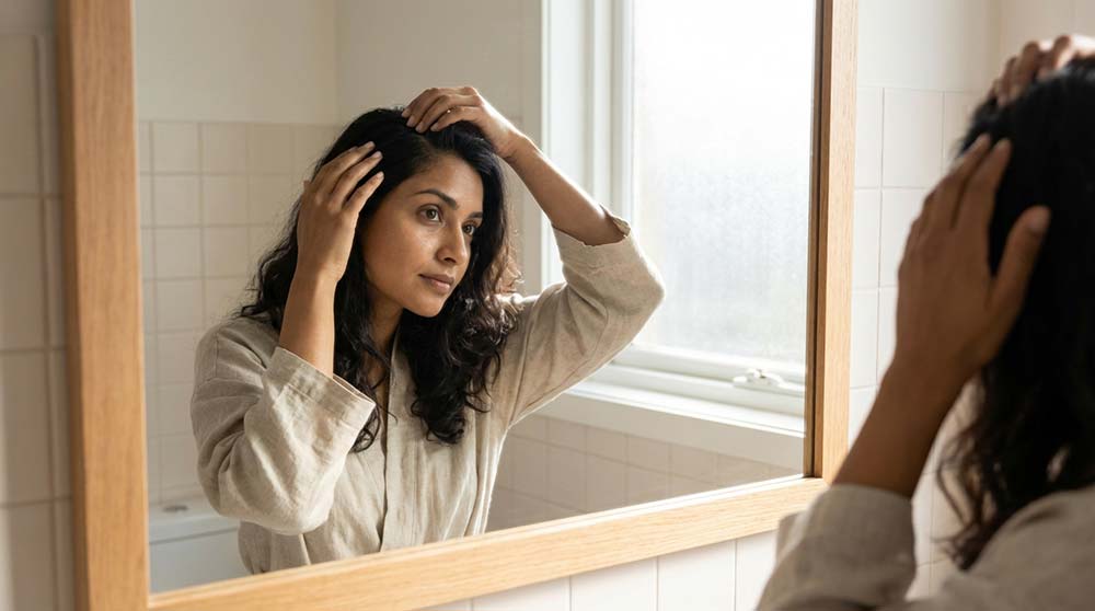 woman checking scalp for dandruff and hair issues