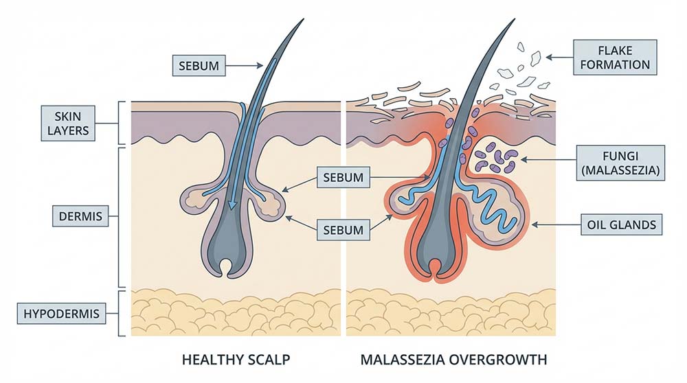 scalp diagram showing malassezia overgrowth and dandruff formation