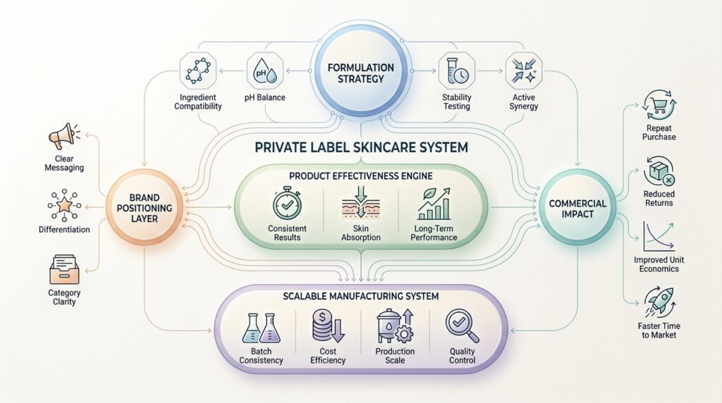 infographic showing formulation strategy and scalable skincare manufacturing system