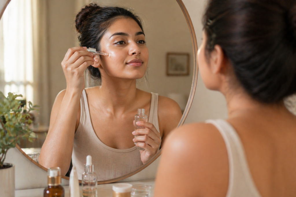 woman comparing multiple skincare products showing decision confusion