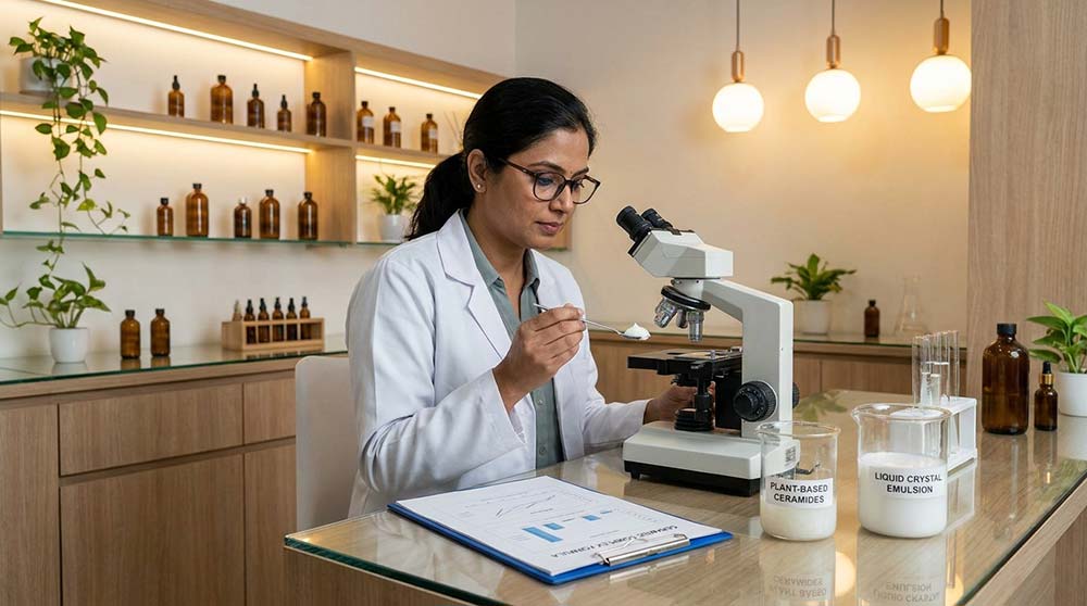 Indian cosmetic chemist developing bioactive skincare formulations inside modern research laboratory