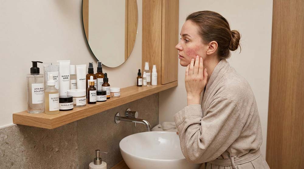 Woman examining irritated skin beside overloaded active skincare products shelf