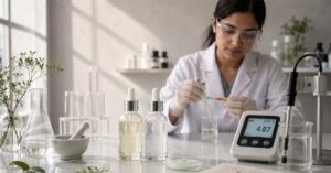 Scientist testing pH balanced skincare formulation stability in advanced cosmetic laboratory