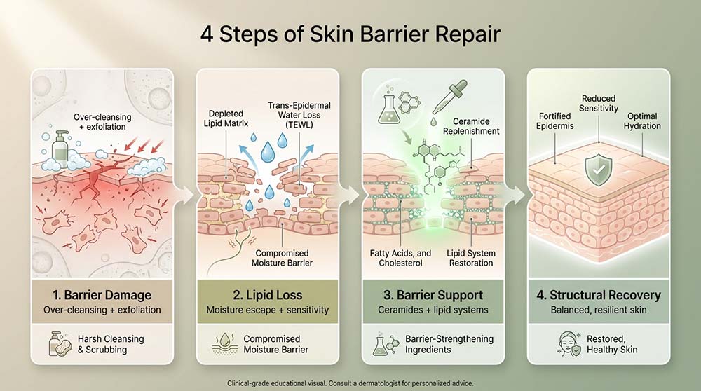 Infographic explaining skin barrier damage lipid loss and structural recovery