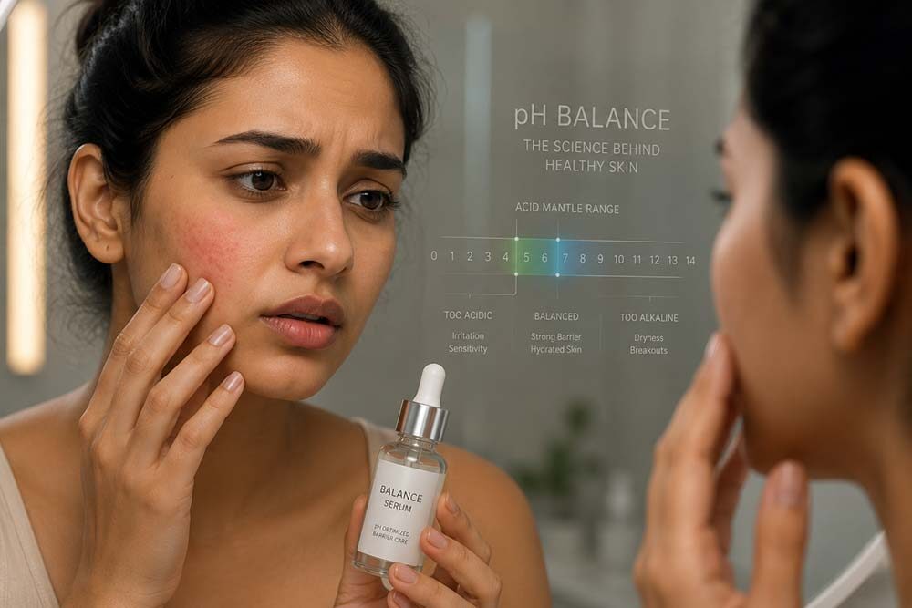 Indian woman checking sensitive skin while holding pH balanced skincare serum
