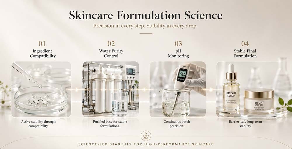 Infographic showing skincare formulation science, pH stability, and controlled manufacturing systems