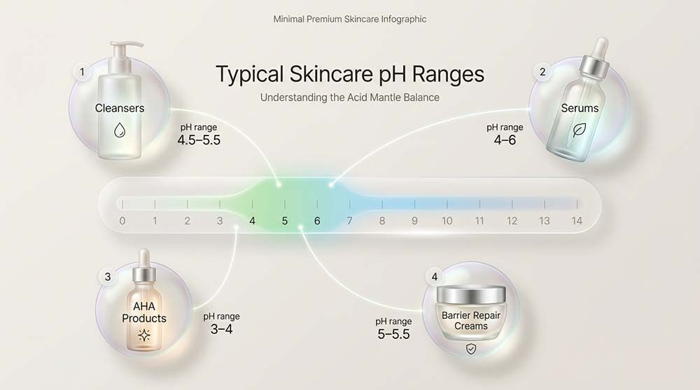 Infographic showing ideal skincare pH ranges for cleansers, serums, AHAs, and barrier repair creams