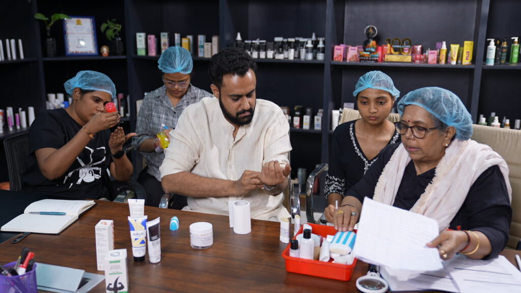 Founder reviewing skincare products before manufacturing approval