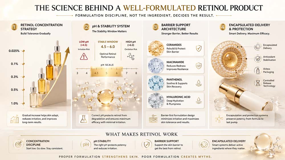 Infographic explaining retinol concentration stability barrier support and encapsulated delivery