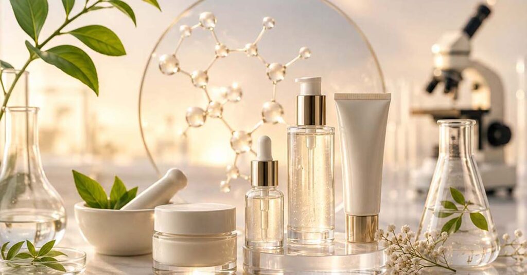 Premium retinol serum displayed inside an advanced skincare research laboratory