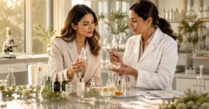 Skincare professionals evaluating innovative product concepts for beauty brands