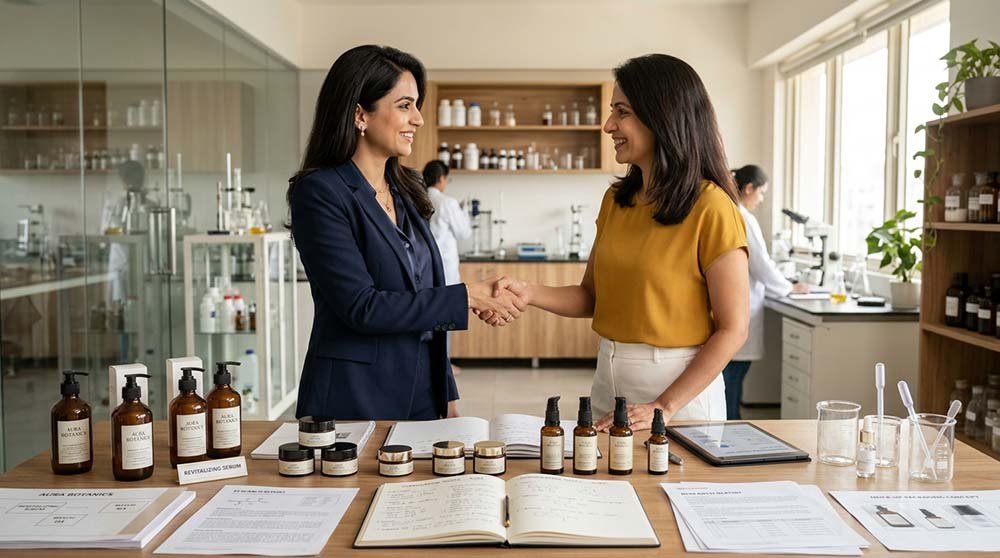Indian founder celebrating successful skincare product development through validated formulation partnership