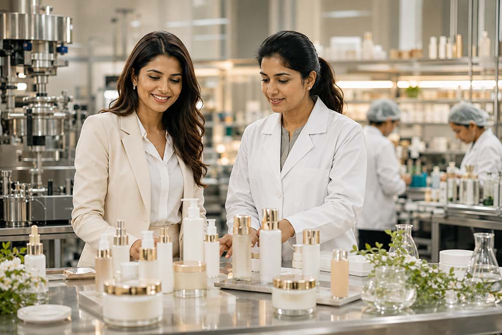 Brand founder and scientist reviewing market-ready skincare products together