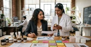 Indian skincare founder reviewing product concepts before formulation and product development.