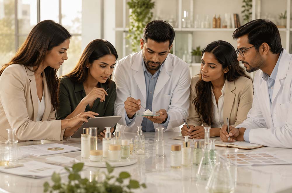 Skincare scientists and brand strategists evaluating new product formulations