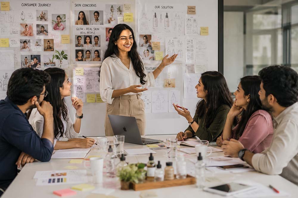 Indian founder validating skincare product ideas through collaborative consumer research workshop.