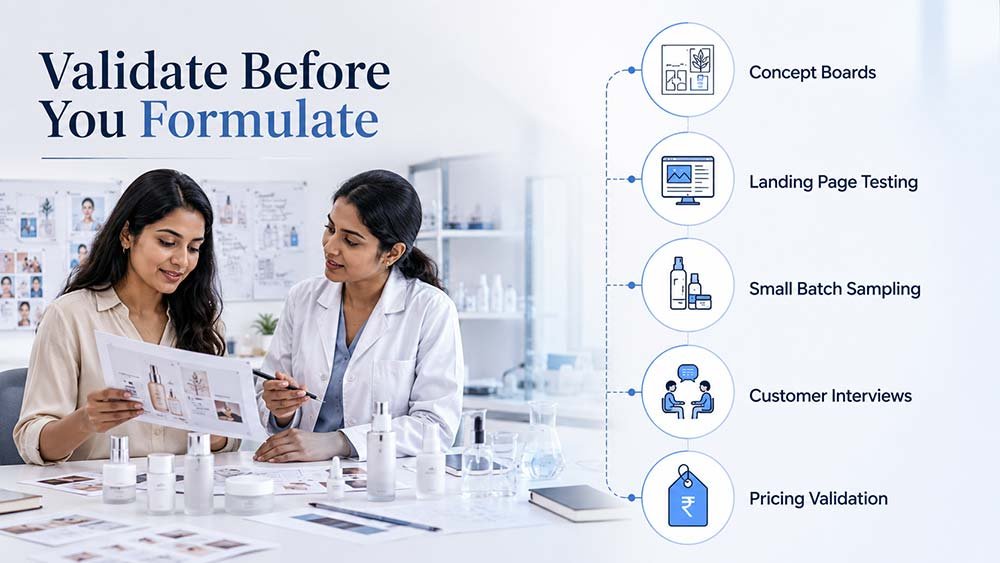 Five step skincare product validation process before formulation and product development.