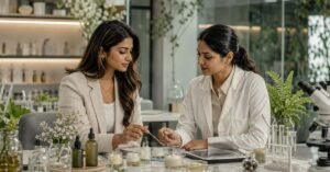 Founder and scientist developing fermented skincare formulation in modern laboratory