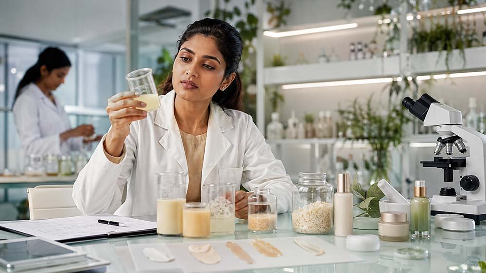 Skincare scientist evaluates fermented formulation samples during laboratory product testing