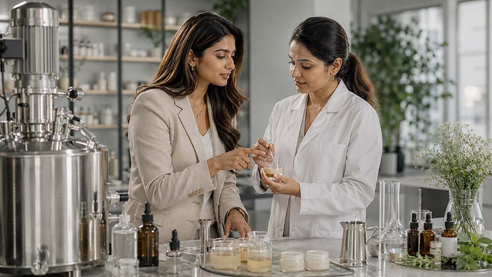 Founder and formulation scientist review fermented skincare during product development