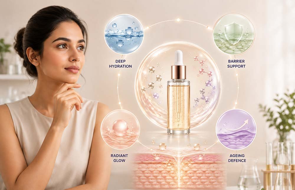 Multifunctional skincare serum supporting hydration, barrier, glow, and ageing defence.