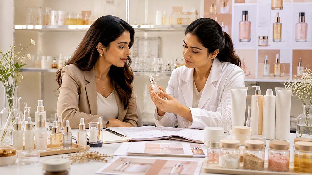 Skincare founder reviewing multifunctional product development with formulation expert.