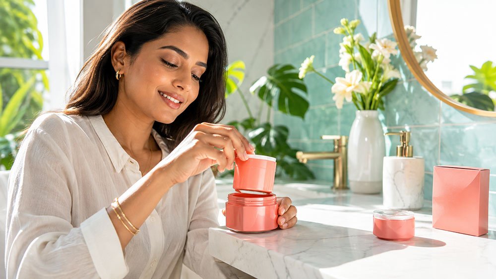 Consumer replacing skincare cartridge inside premium reusable outer jar safely