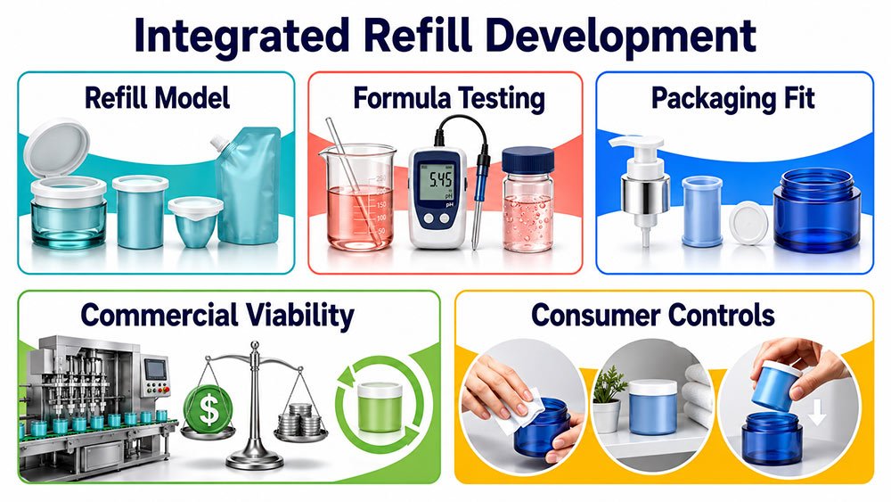 Five stages of integrated refillable skincare product development system process