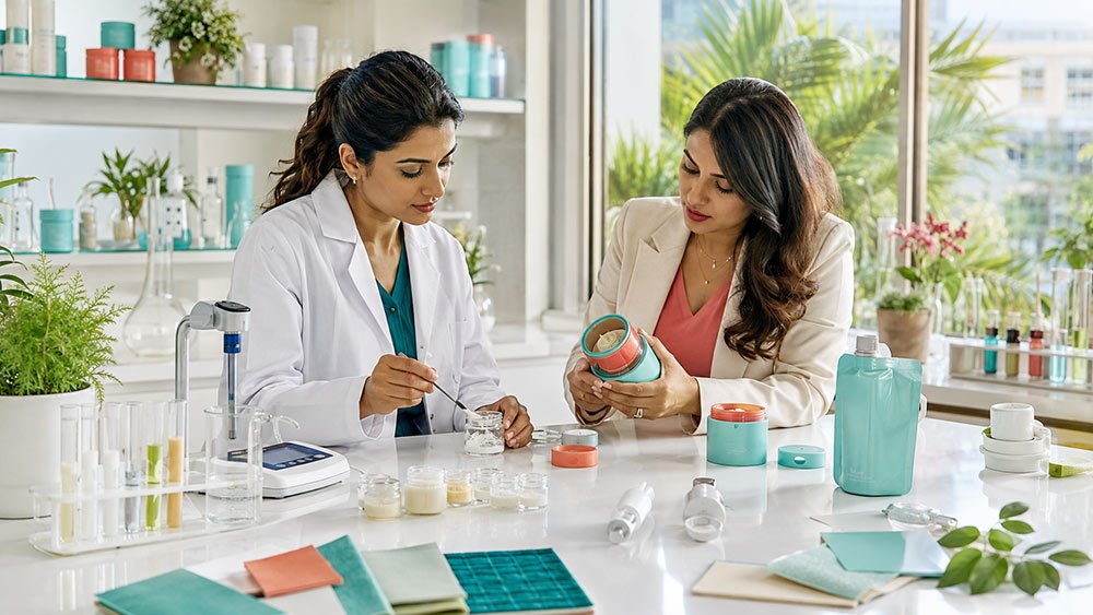 Founder and scientist developing refillable skincare formulation and packaging system