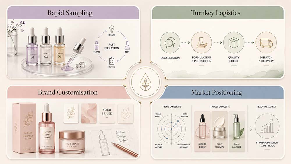 Turnkey skincare development covering sampling, logistics, customisation, and market positioning.