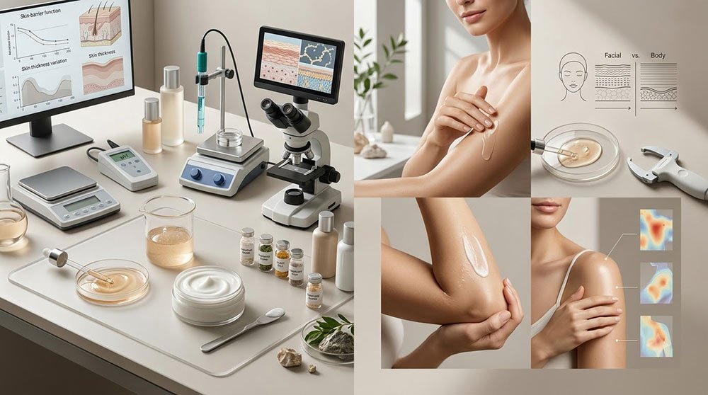 Body skincare formulation showing facial and body skin differences, barrier function, skin thickness, and laboratory product development.