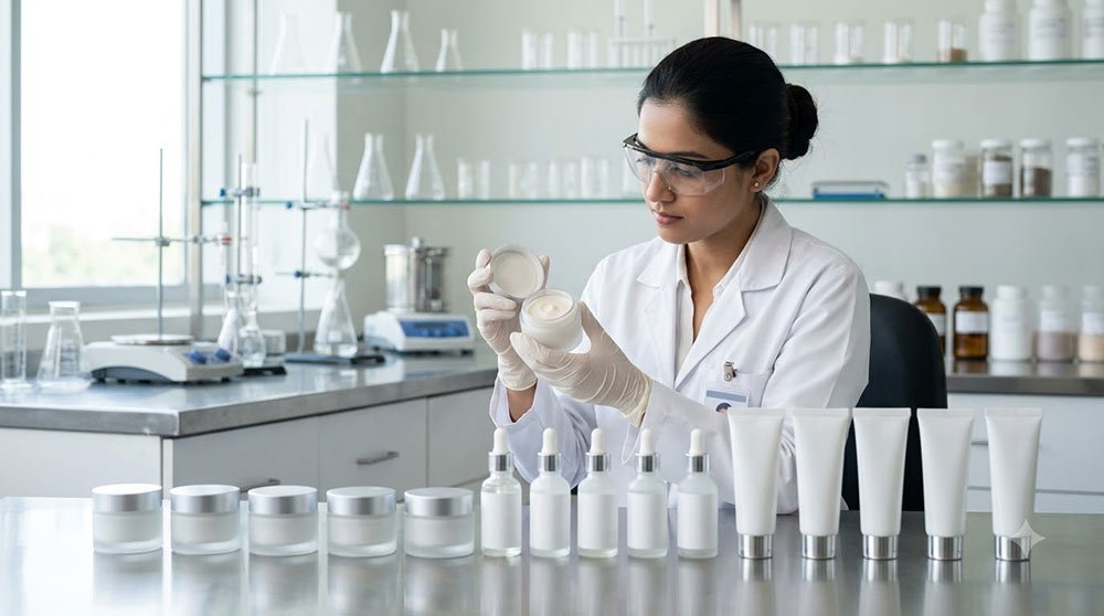 Scientist checks finished cosmetic products for consistent manufacturing quality