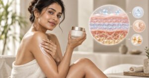 Indian woman holding a premium body moisturiser with healthy glowing skin and a skin cross-section showing hydration and barrier support.