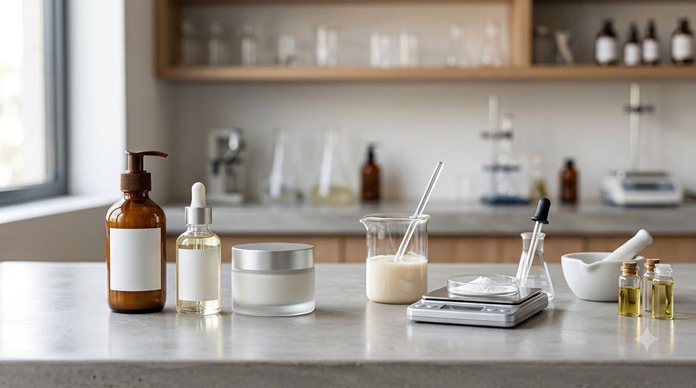 Private label body care products with formulation tools in a skincare R&D lab.
